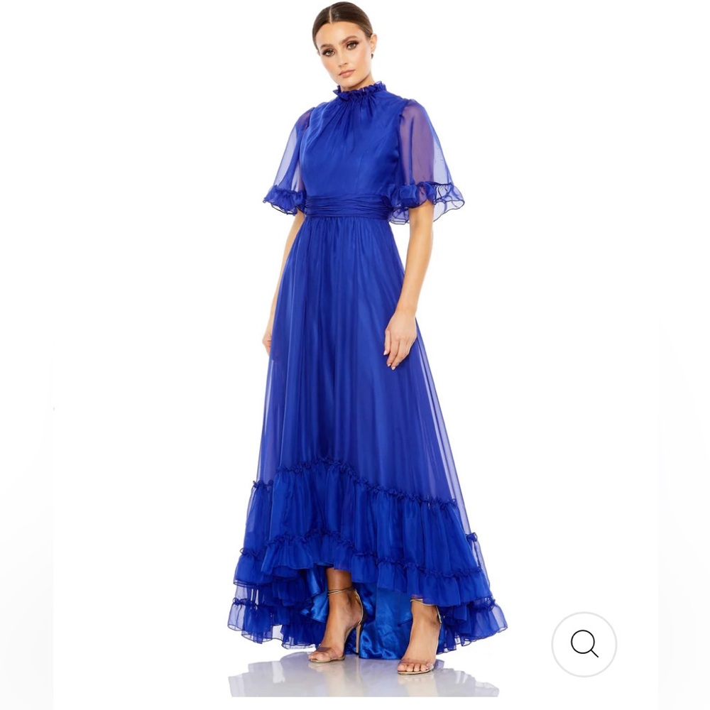Mac Duggal Ruffled High Neck Flutter Sleeve High Low Hem Gown